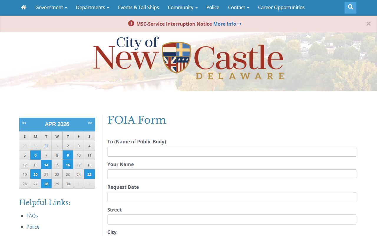 New Castle Recent Bookings FOIA request portal
