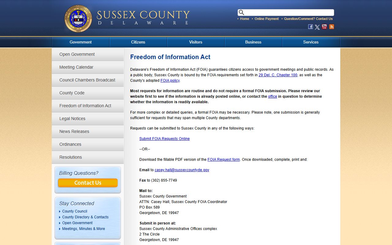 Sussex County Recent Bookings FOIA Coordinator page