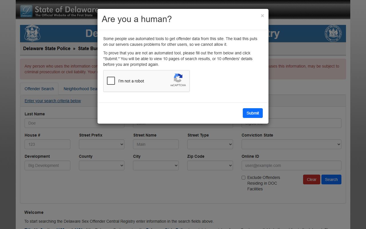 Delaware Recent Bookings Sex Offender Registry